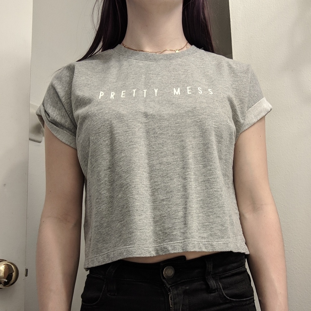 Gray "pretty mess" crop top